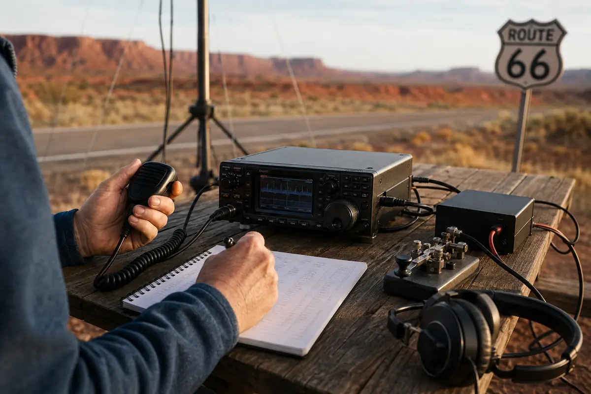 Amateur radio station operating beside Route 66 with transceiver, microphone, Morse key, antenna, headphones, and logbook